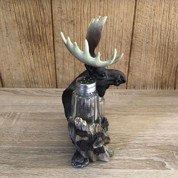 DWK Northern Moose Salt & Pepper Shaker Holder 2 Glass Shakers Cabin Wilderness - Picture 2 of 9